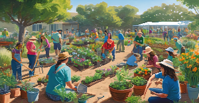 A lively community gardening workshop with diverse participants planting colorful native plants under a clear blue sky.