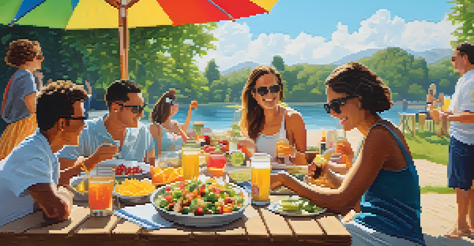 Friends enjoying wheat beer and fruit salad outdoors on a sunny day, with greenery in the background.