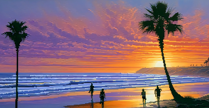 A couple walking hand in hand on Carlsbad's beach during sunset, with palm trees and surfers in the background.