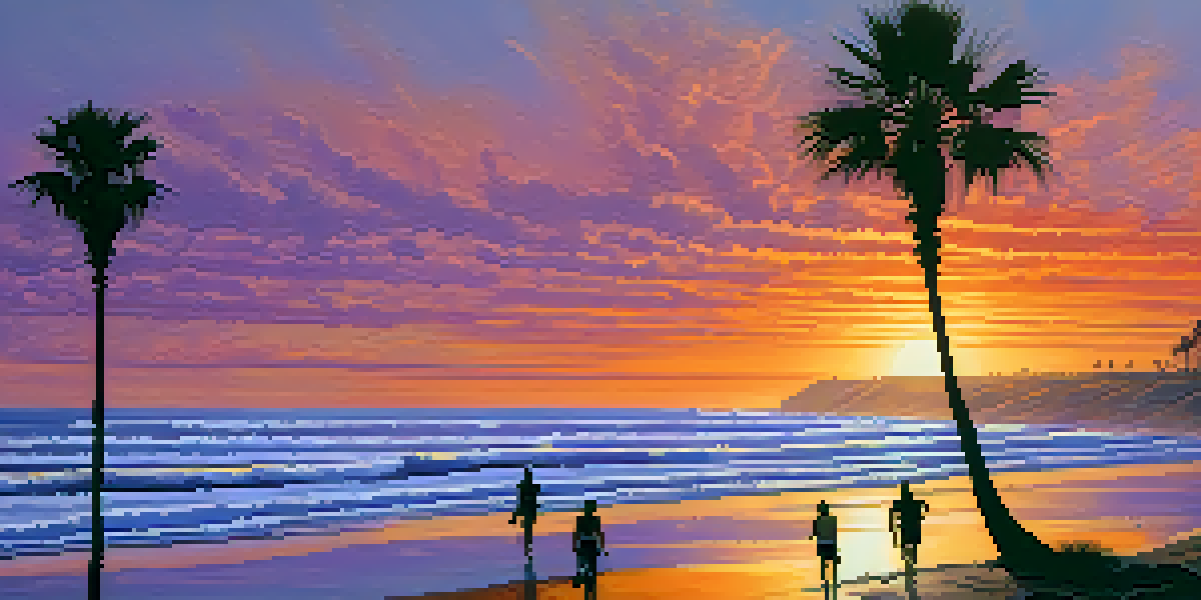 A couple walking hand in hand on Carlsbad's beach during sunset, with palm trees and surfers in the background.