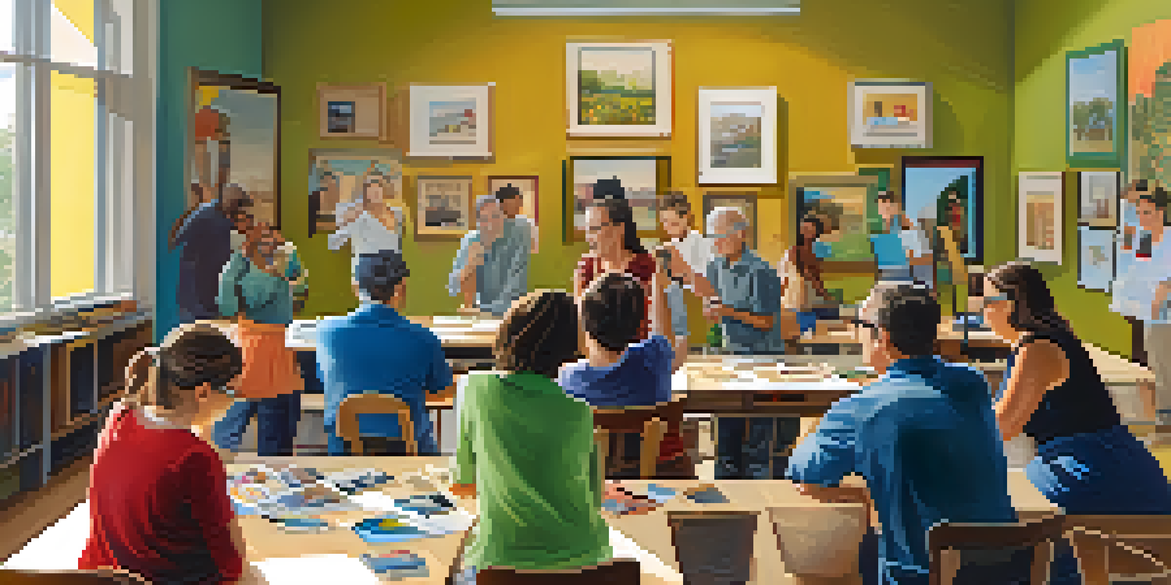 A diverse group of adults participating in a photography workshop in a bright classroom filled with colorful photographs.