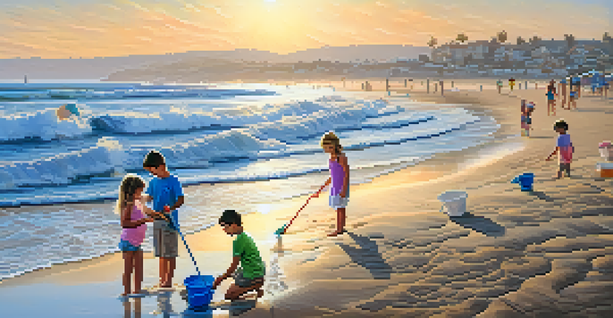 A family enjoying a sunny day at the beach, building a sandcastle together with buckets and shovels, while waves crash gently in the background.