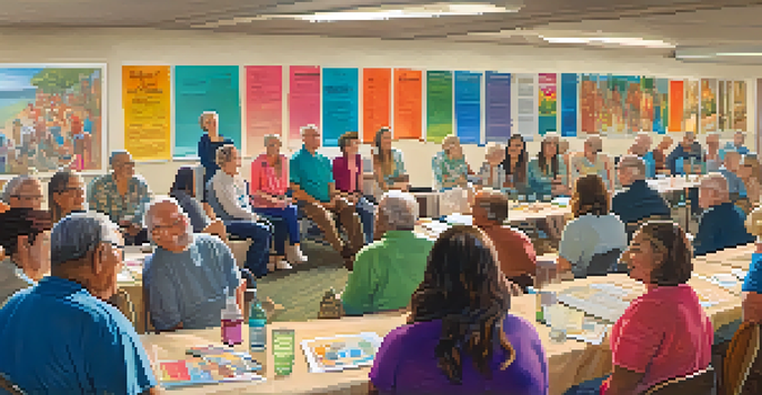 A lively community meeting with diverse residents discussing local issues, illuminated by natural light.