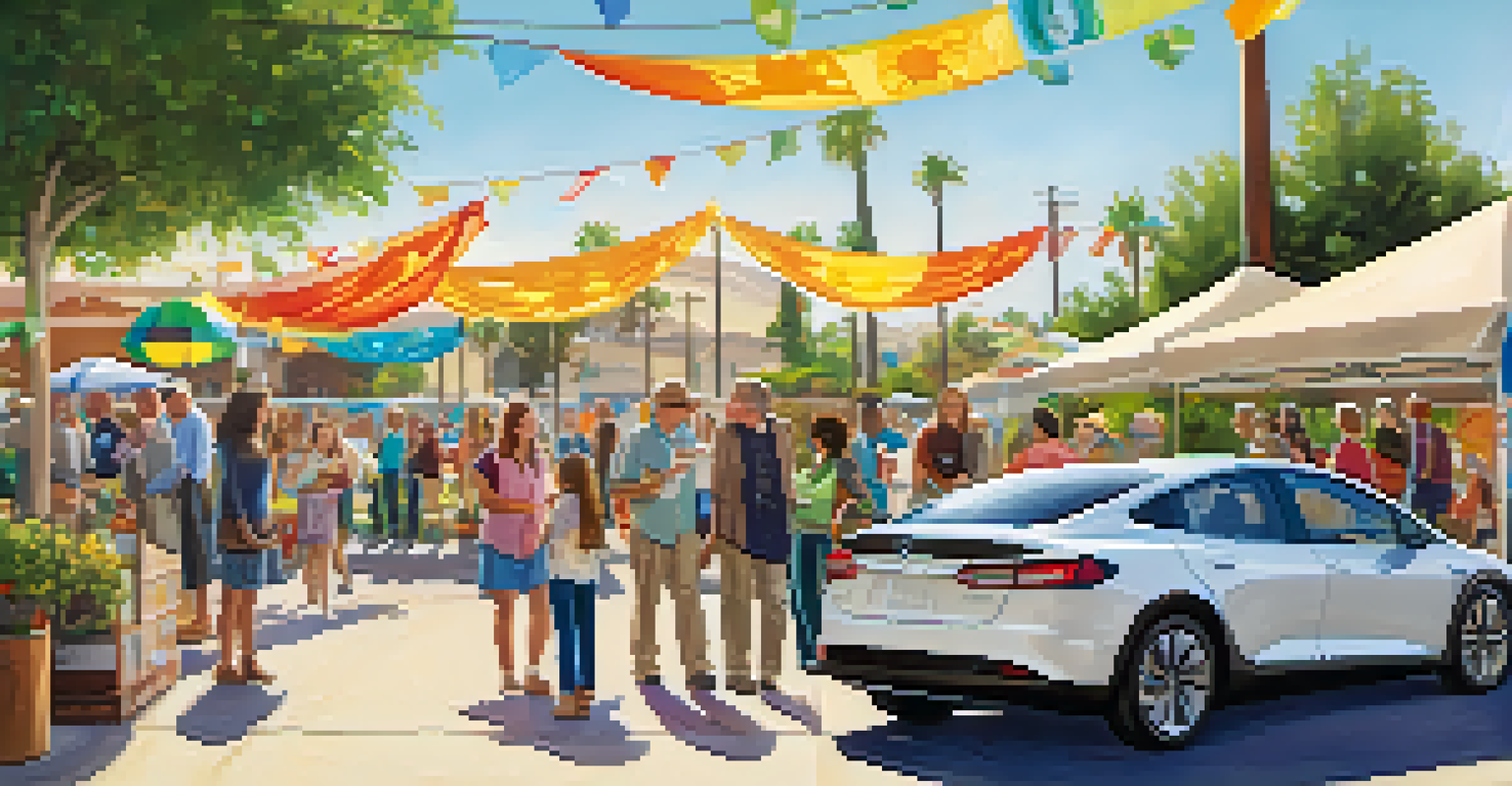 Community event in Carlsbad with residents learning about electric vehicles, colorful banners, and children interacting.