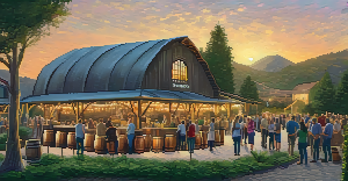 An outdoor distillery in Carlsbad during sunset, surrounded by greenery, with people enjoying a tasting event.