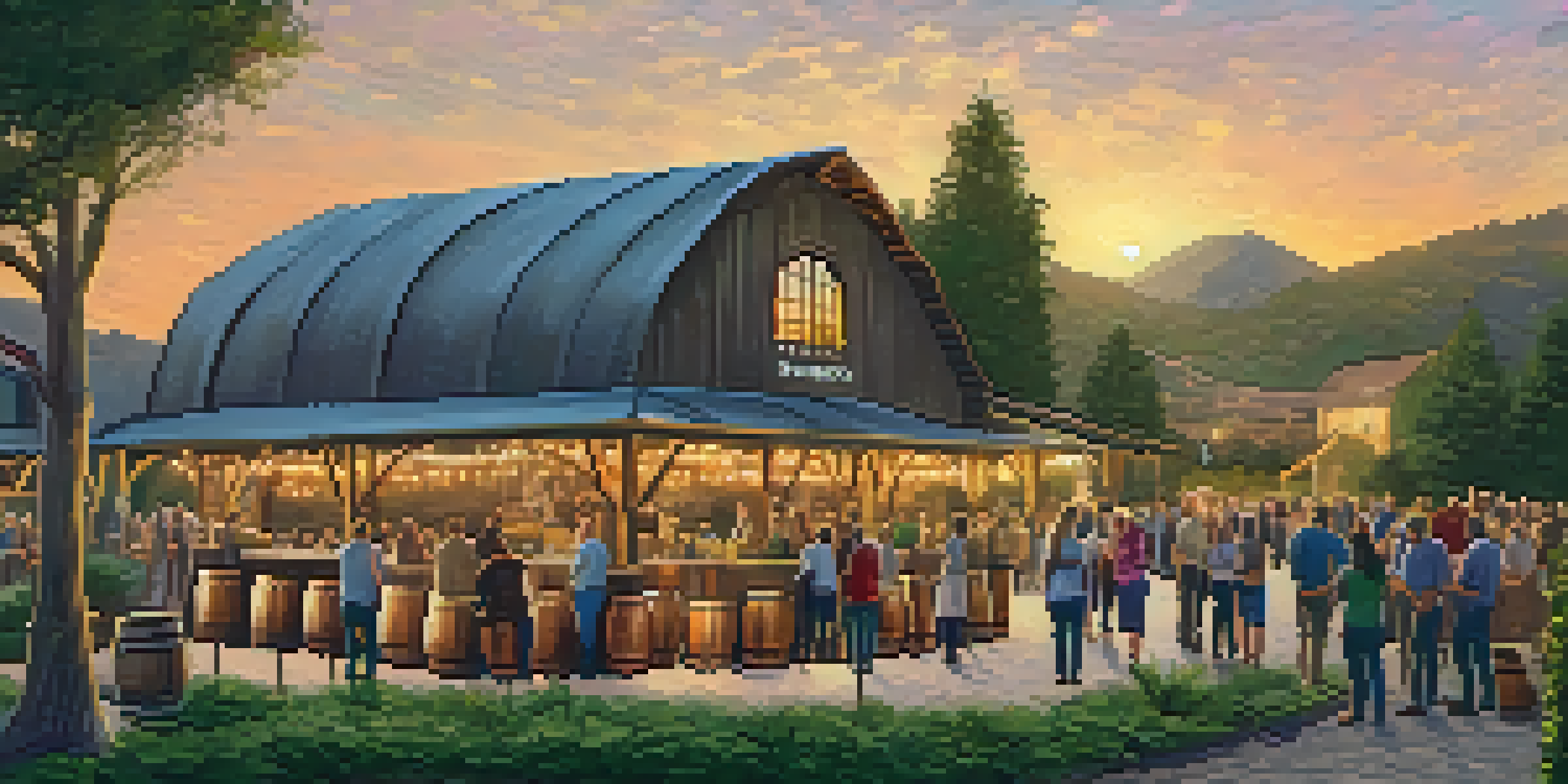 An outdoor distillery in Carlsbad during sunset, surrounded by greenery, with people enjoying a tasting event.