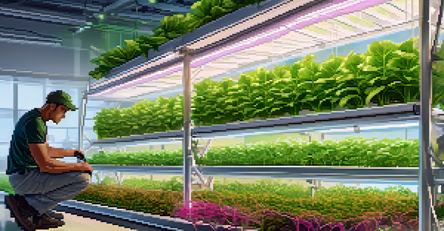 A modern hydroponic farm with vertical farming systems and a farmer monitoring the plants under LED lights.