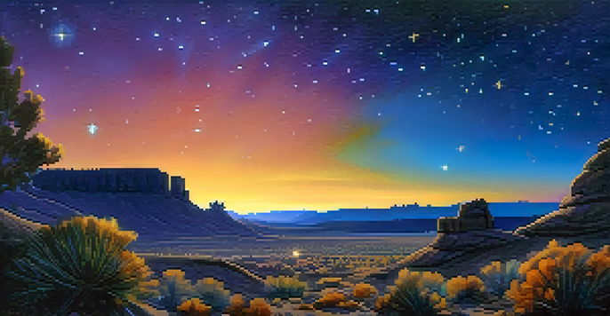 A couple standing on a rocky outcrop in the desert, gazing at glowing orbs of light in the night sky over New Mexico.