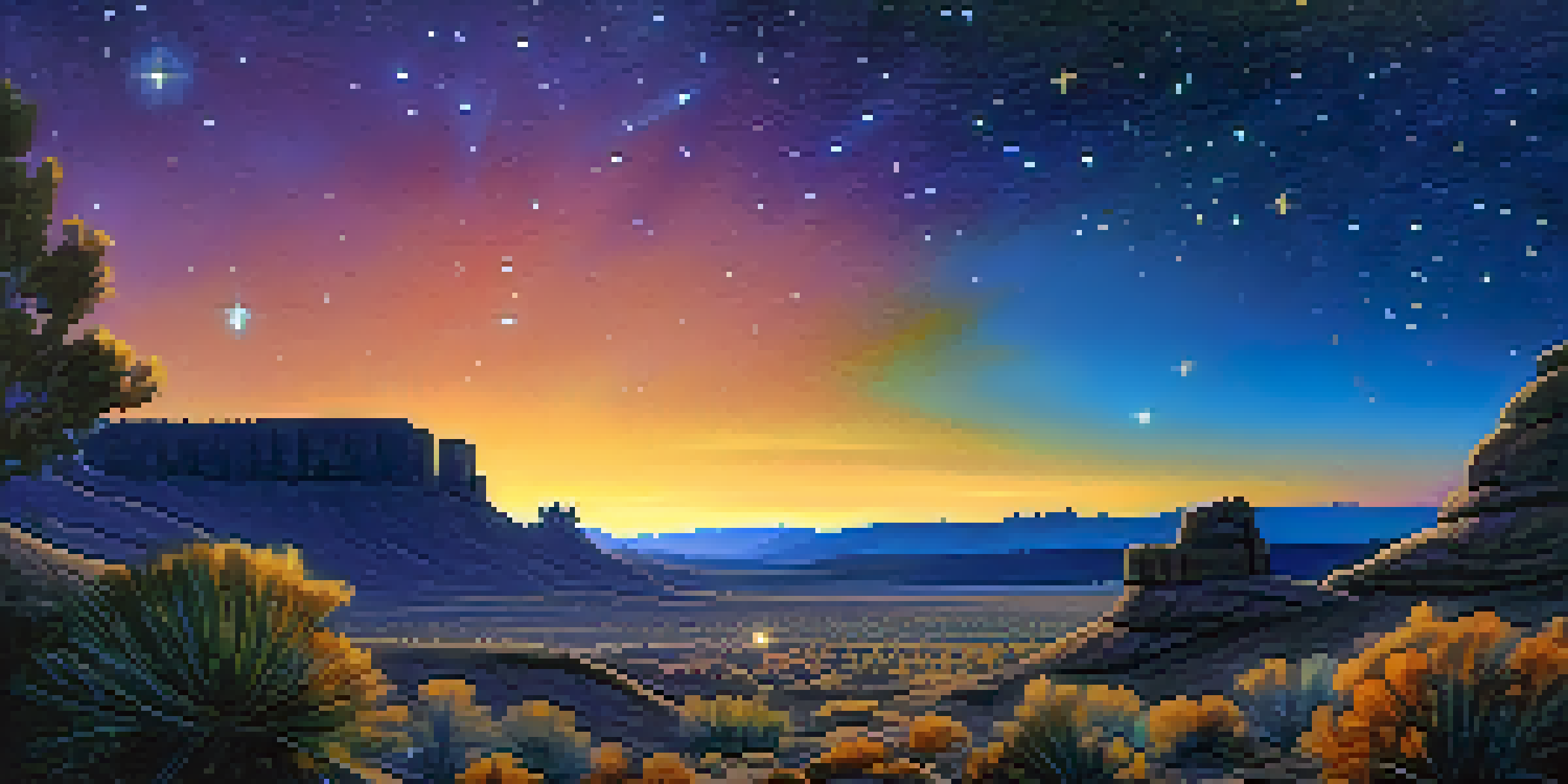 A couple standing on a rocky outcrop in the desert, gazing at glowing orbs of light in the night sky over New Mexico.