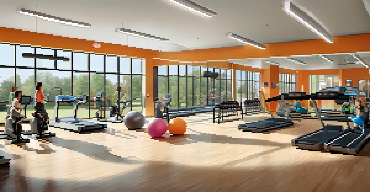 A bright and spacious family-friendly fitness center with children participating in a fitness class while parents exercise in the background.