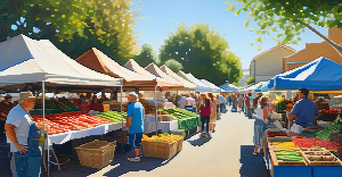 A bustling farmers market with colorful stalls, fresh produce, and happy families enjoying the atmosphere.