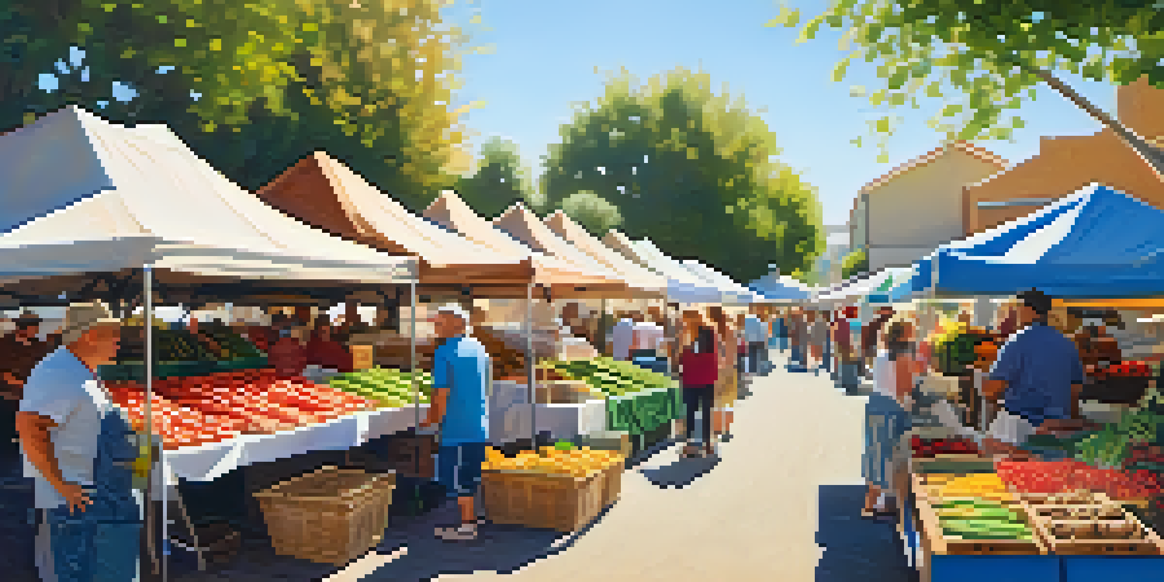 A bustling farmers market with colorful stalls, fresh produce, and happy families enjoying the atmosphere.