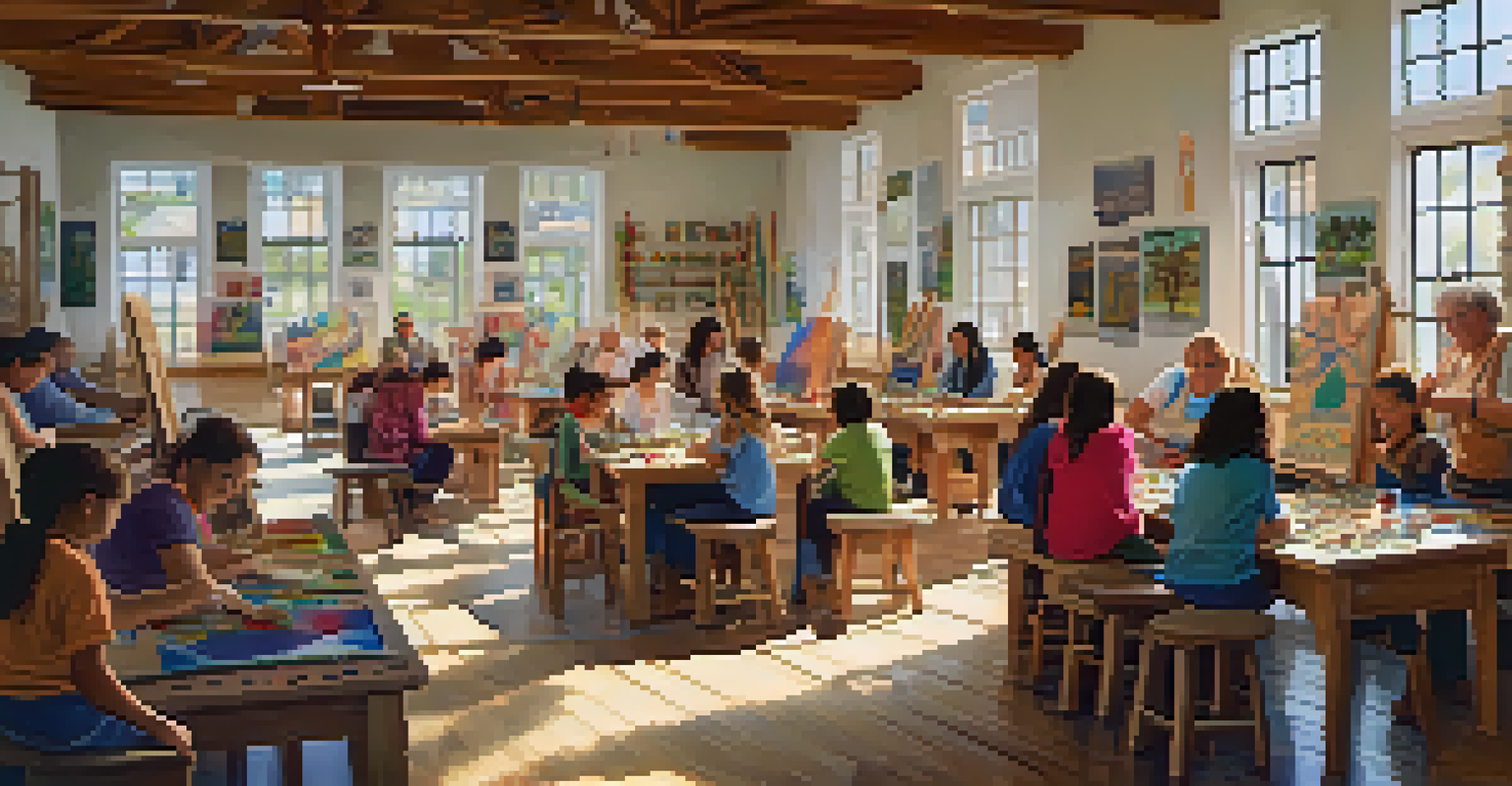 A lively educational workshop with participants of various ages learning traditional crafts in a bright community center.