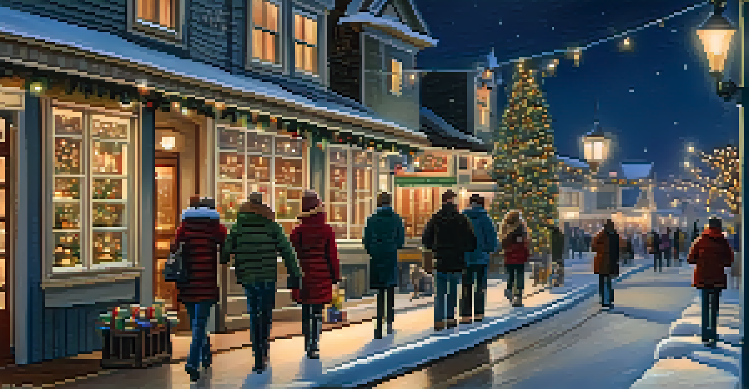 A festive winter evening in Carlsbad Village, illuminated with holiday lights, where people stroll and enjoy the cheerful decorations.