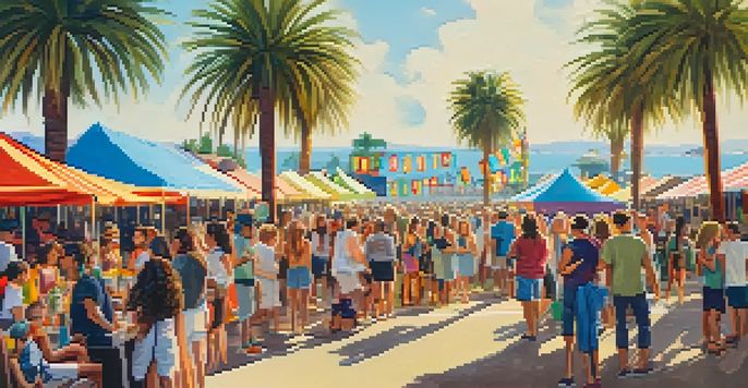 A lively local music festival in Carlsbad with a diverse crowd enjoying performances on a sunny day, featuring colorful banners and musicians on stage.