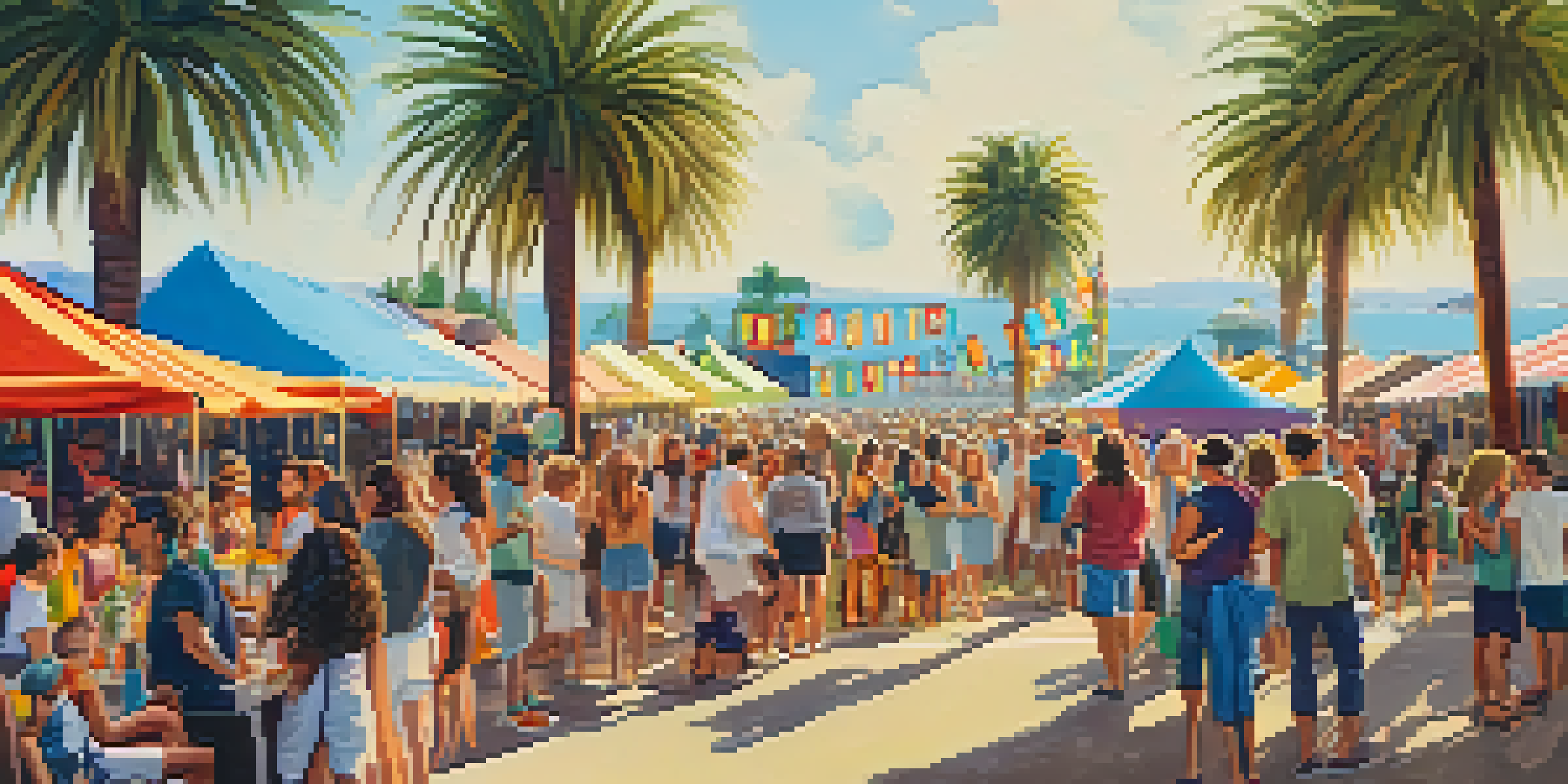 A lively local music festival in Carlsbad with a diverse crowd enjoying performances on a sunny day, featuring colorful banners and musicians on stage.