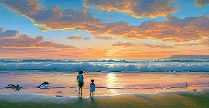 A beautiful sunset over Carlsbad's coastline with tide pools and a family exploring.