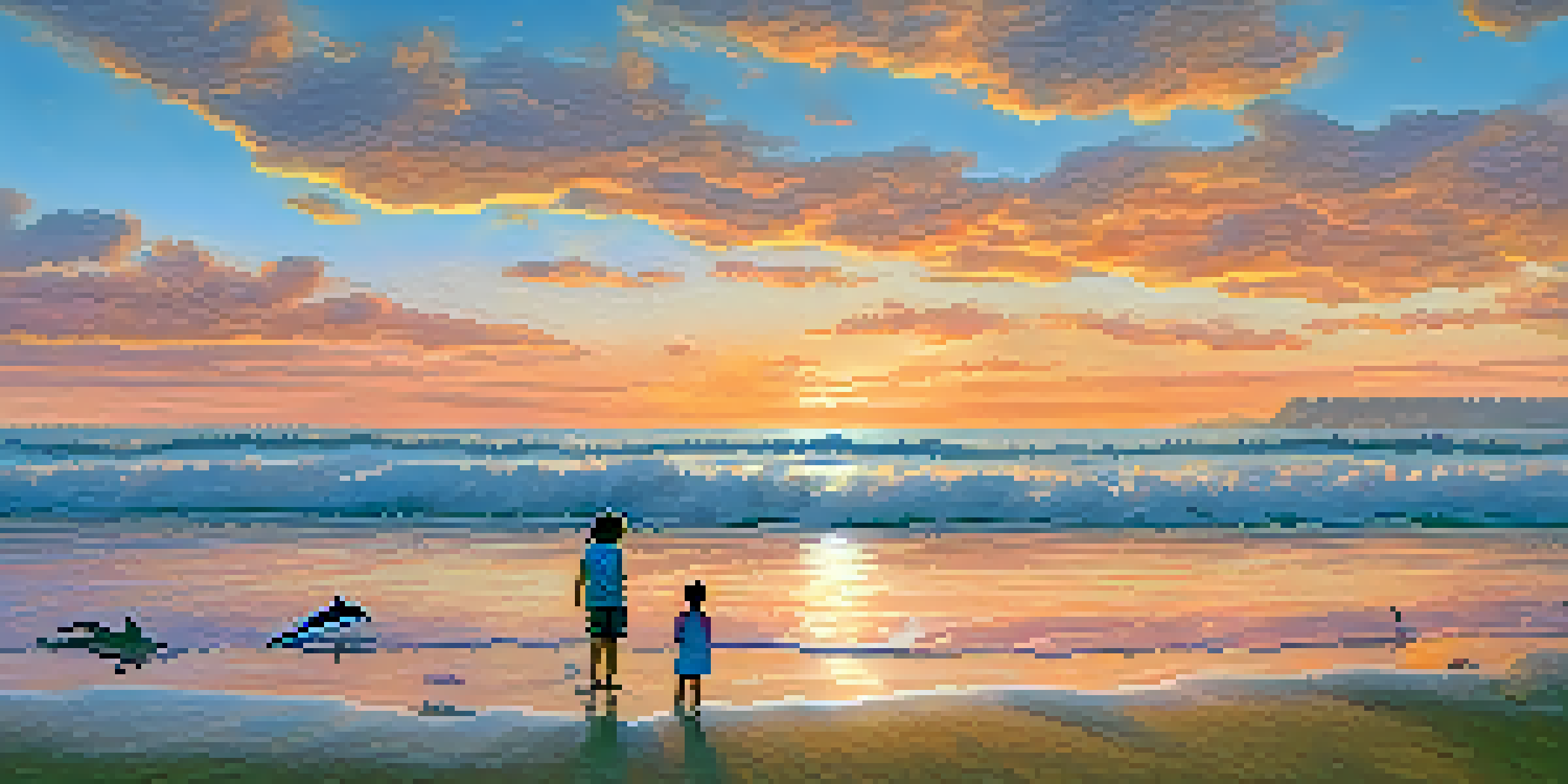 A beautiful sunset over Carlsbad's coastline with tide pools and a family exploring.
