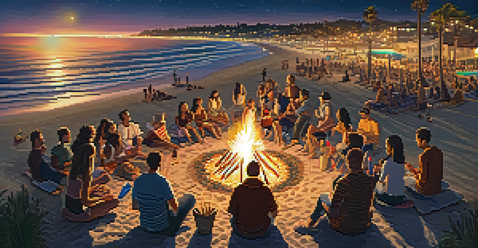 Aerial view of a bonfire night at Carlsbad Beach with people enjoying games and food under a starlit sky.