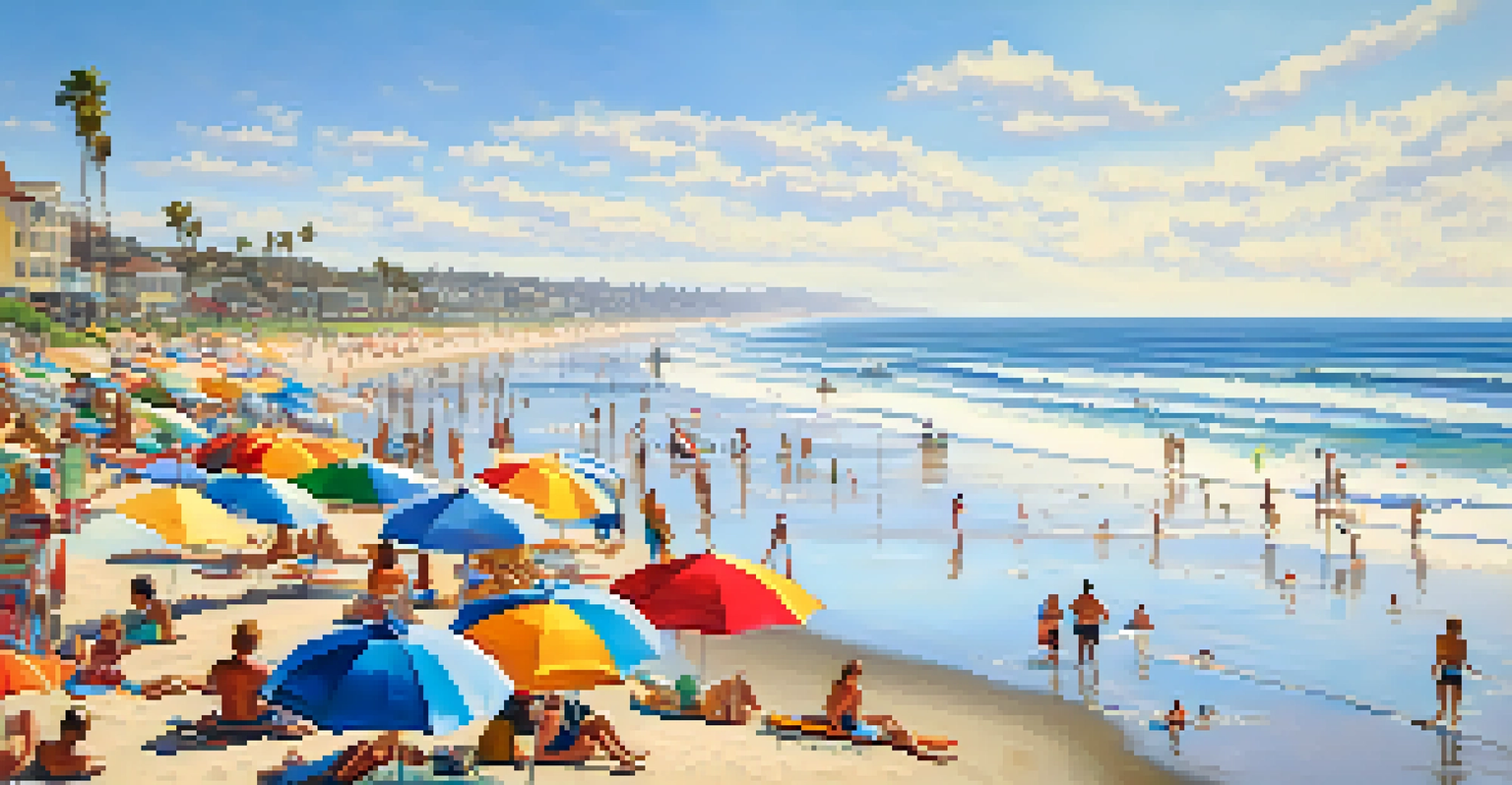 A lively summer beach scene in Carlsbad, with sunbathers, surfers, and colorful umbrellas on the sand, under a bright blue sky.