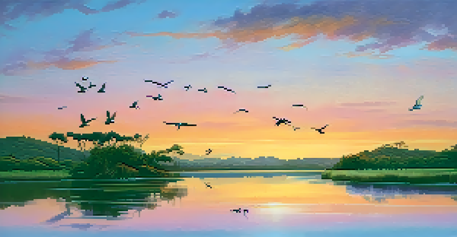 Sunset view of Batiquitos Lagoon with birds and lush surroundings.
