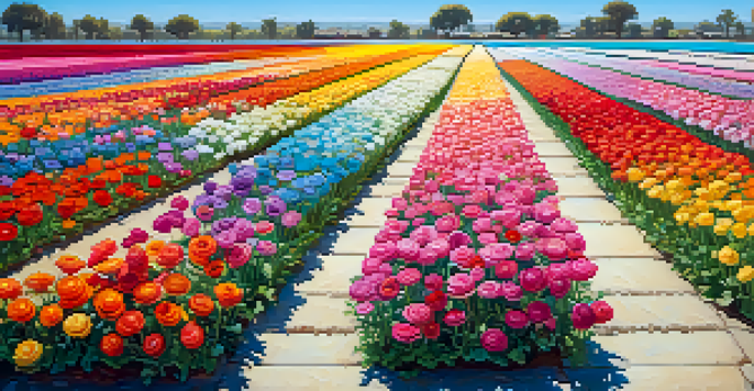 A colorful display of ranunculus flowers at the Flower Fields Festival in Carlsbad, with families walking along paths under a blue sky.