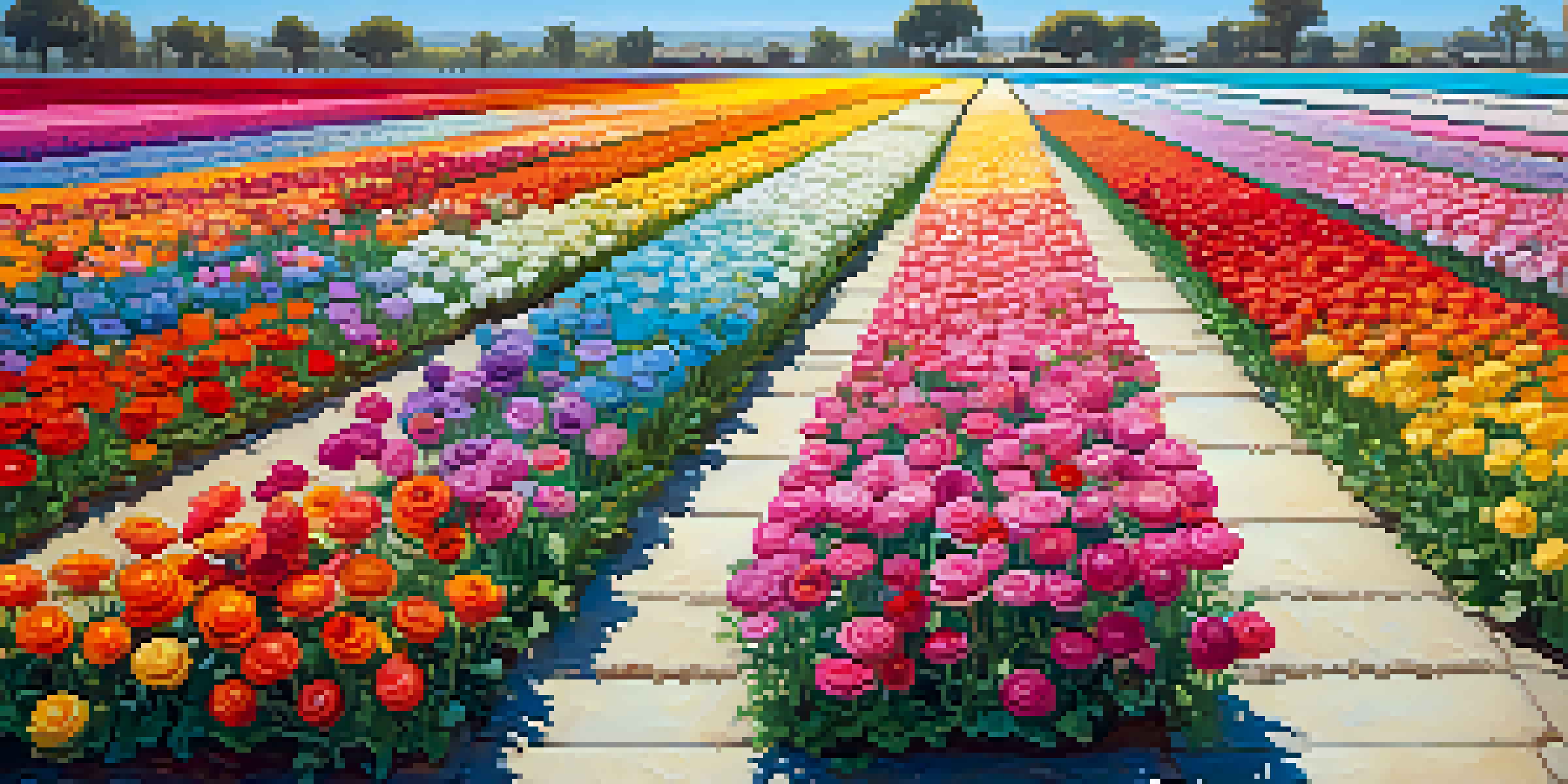 A colorful display of ranunculus flowers at the Flower Fields Festival in Carlsbad, with families walking along paths under a blue sky.