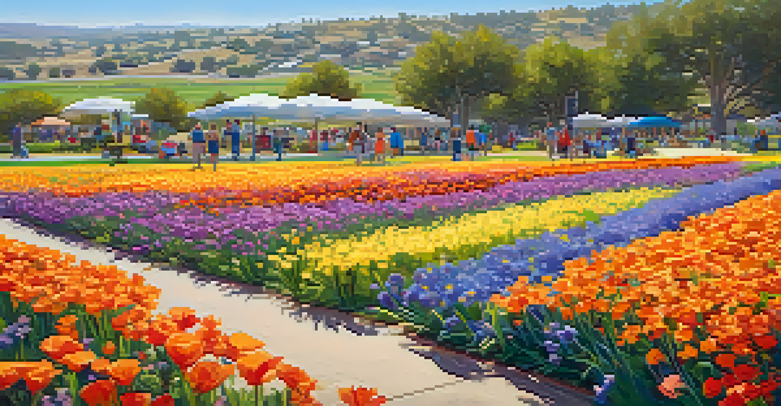 A colorful display of blooming flowers in Carlsbad's Flower Fields with families enjoying a picnic under a clear blue sky.