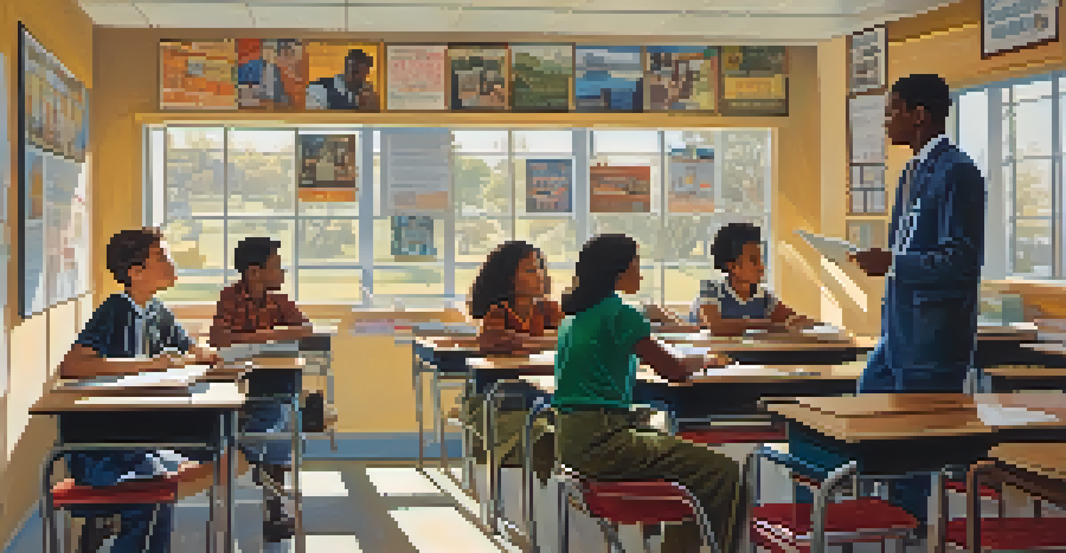 A classroom in 1960s Carlsbad with a teacher discussing civil rights with attentive students under sunlight streaming through windows.