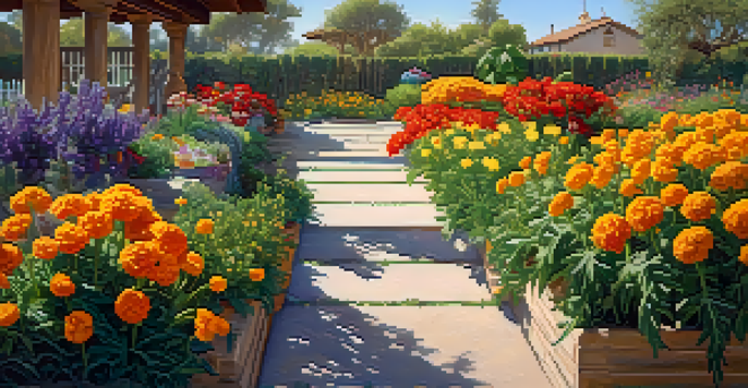 A colorful spring garden featuring blooming marigolds and snapdragons alongside vegetable patches of tomatoes and peppers, illuminated by warm sunlight.