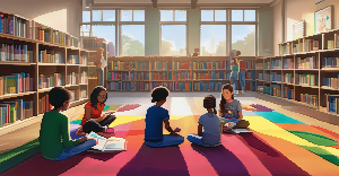 A lively community library with children participating in storytime and adults in a digital literacy workshop, surrounded by books and warm lighting.