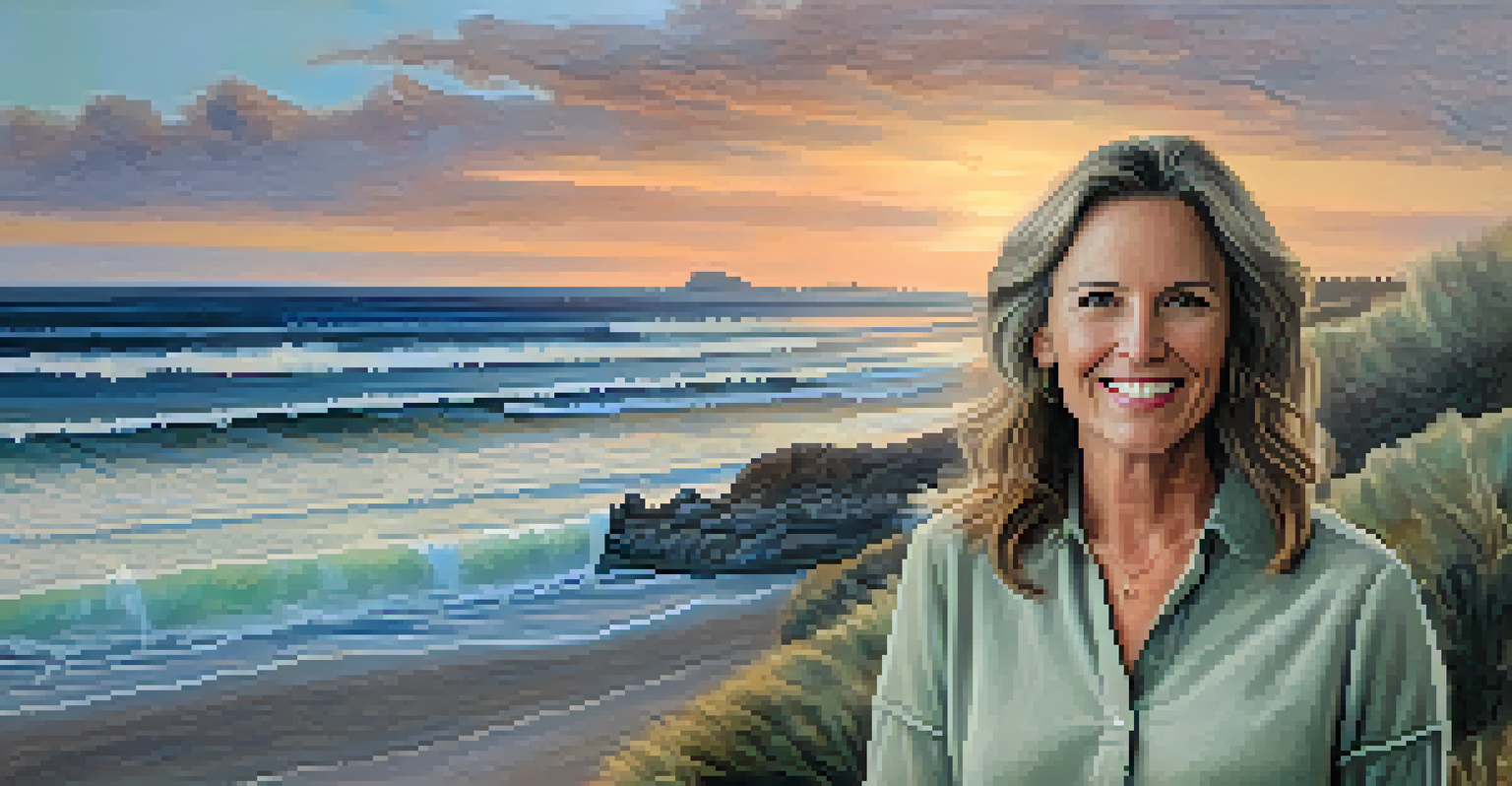 A local painter, Jane Doe, standing next to her seascape artwork, with the Carlsbad coastline and sunset in the background.