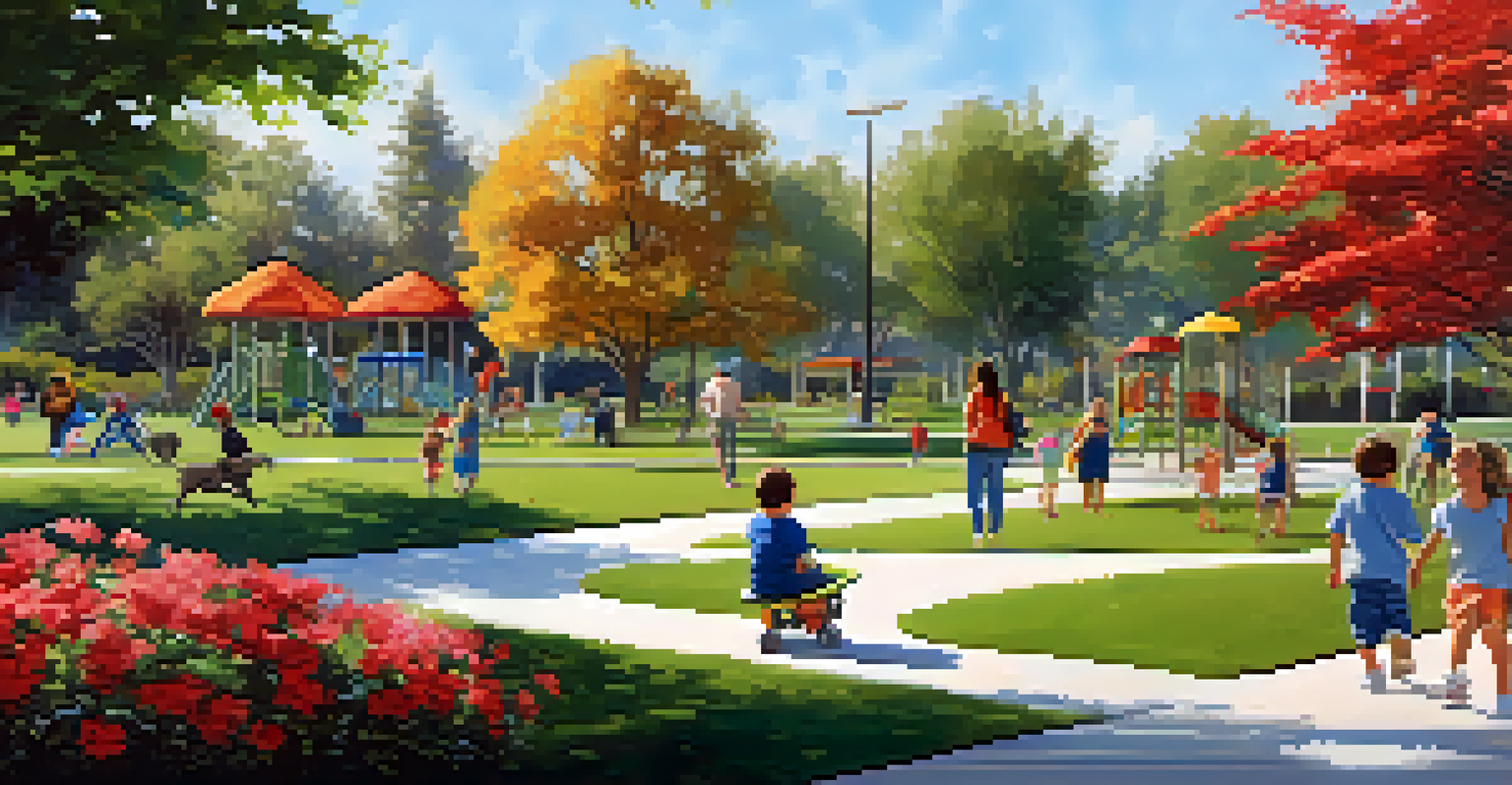 A joyful family day at a park, showcasing children on playground equipment and a happy dog playing in a flower-filled area, set under the shade of trees.