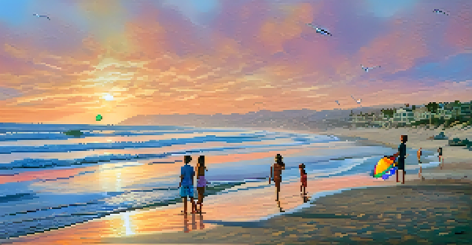 A scenic beach view during sunset with golden sand, waves, and a family playing with a beach ball under a colorful umbrella, surrounded by seagulls.