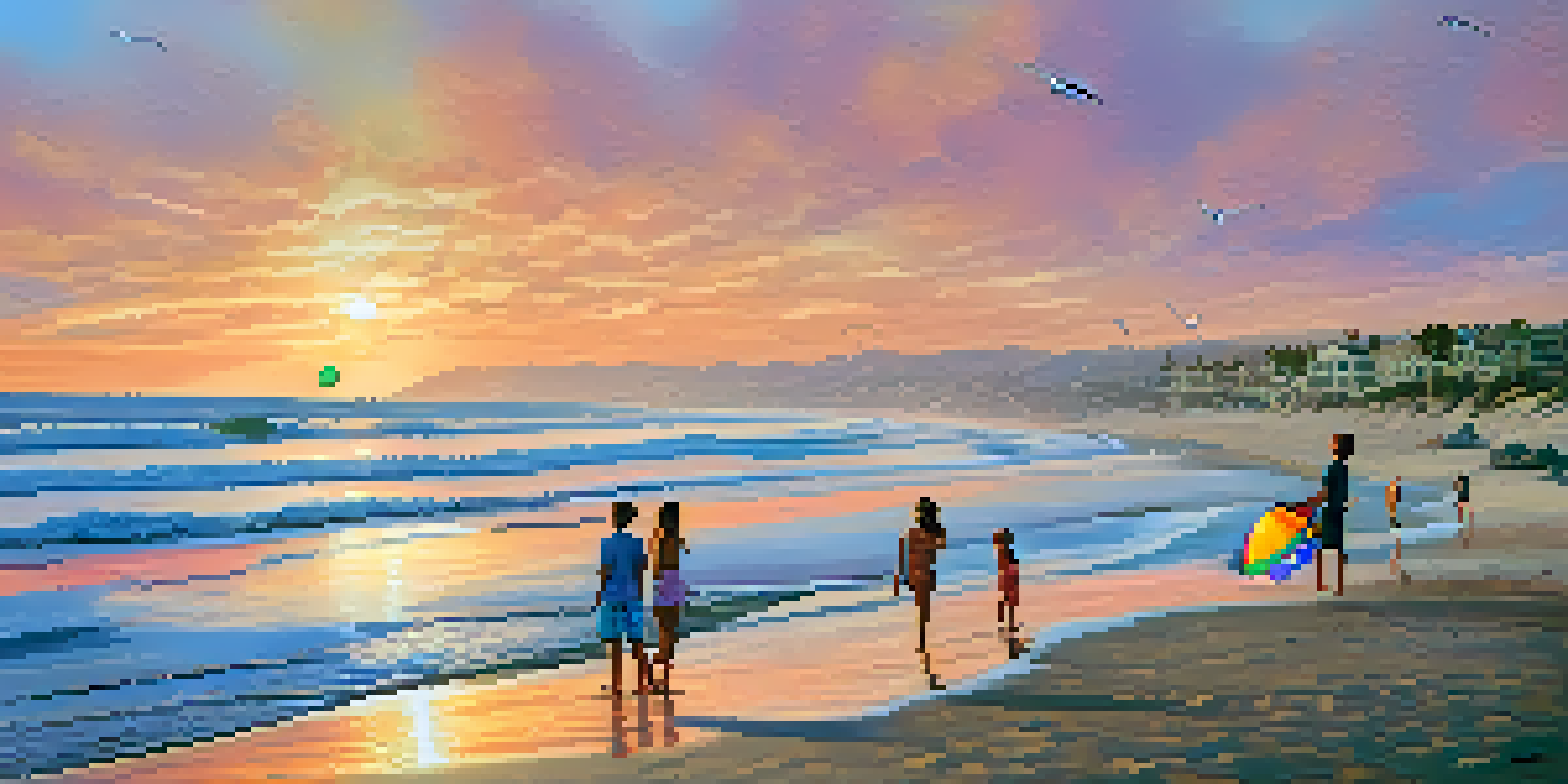 A scenic beach view during sunset with golden sand, waves, and a family playing with a beach ball under a colorful umbrella, surrounded by seagulls.