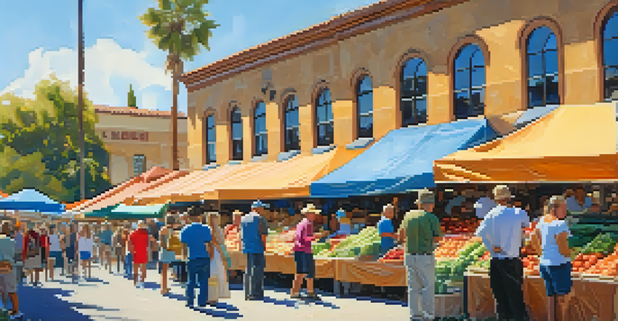 A lively outdoor farmers' market in Carlsbad with colorful produce and happy vendors under a bright blue sky.