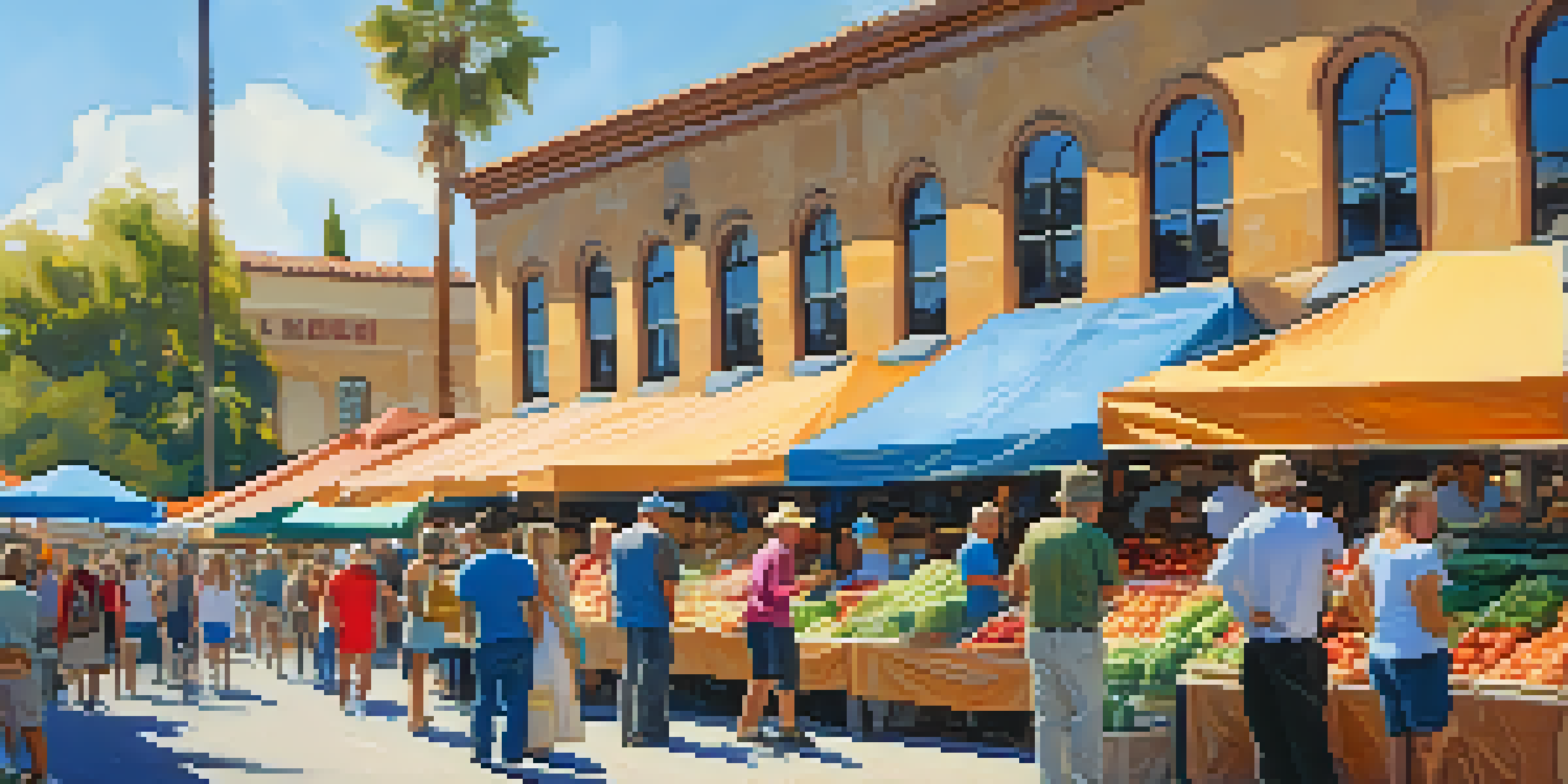 A lively outdoor farmers' market in Carlsbad with colorful produce and happy vendors under a bright blue sky.