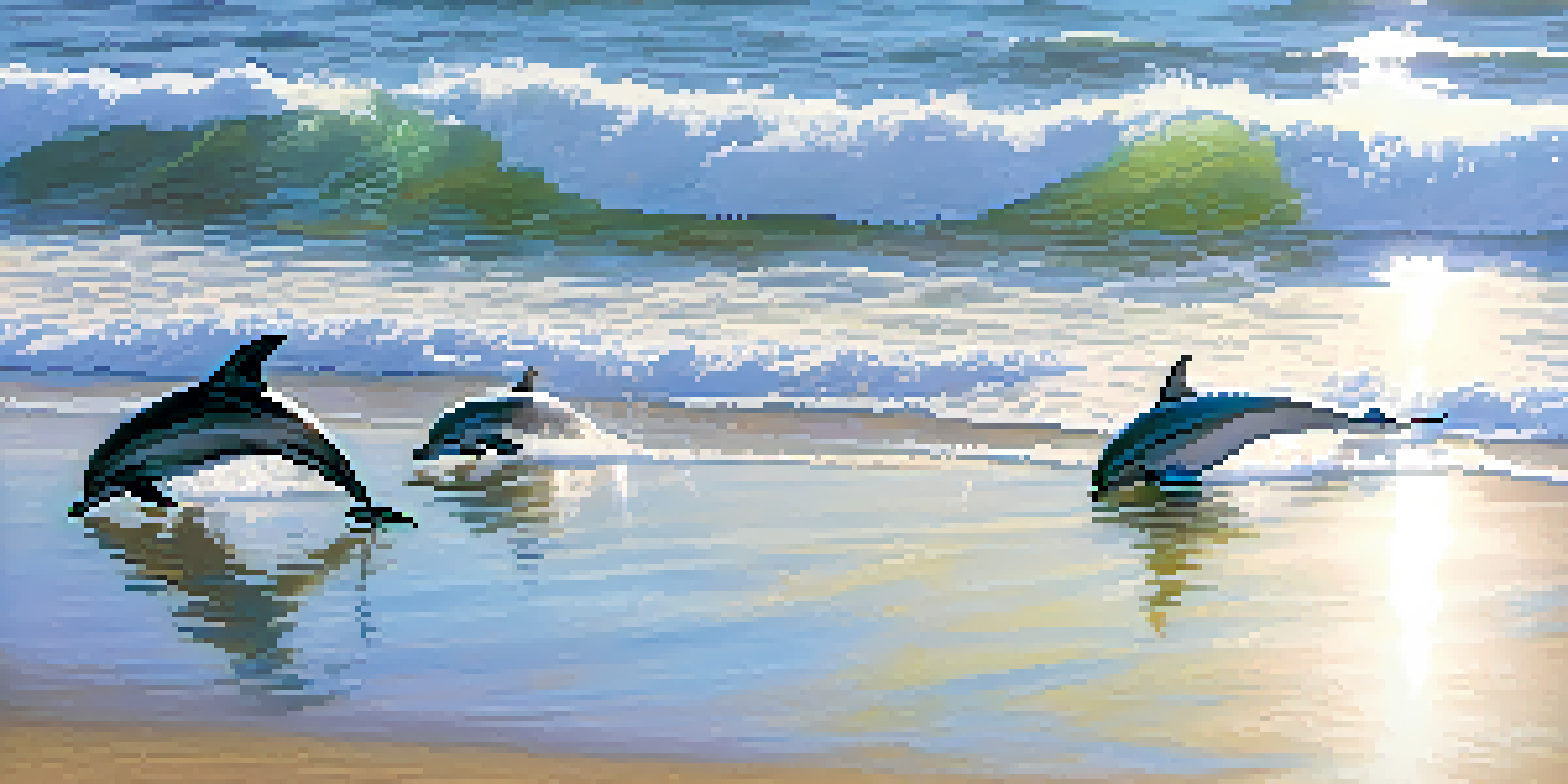 Dolphins swimming near the shore of Carlsbad State Beach on a sunny day.