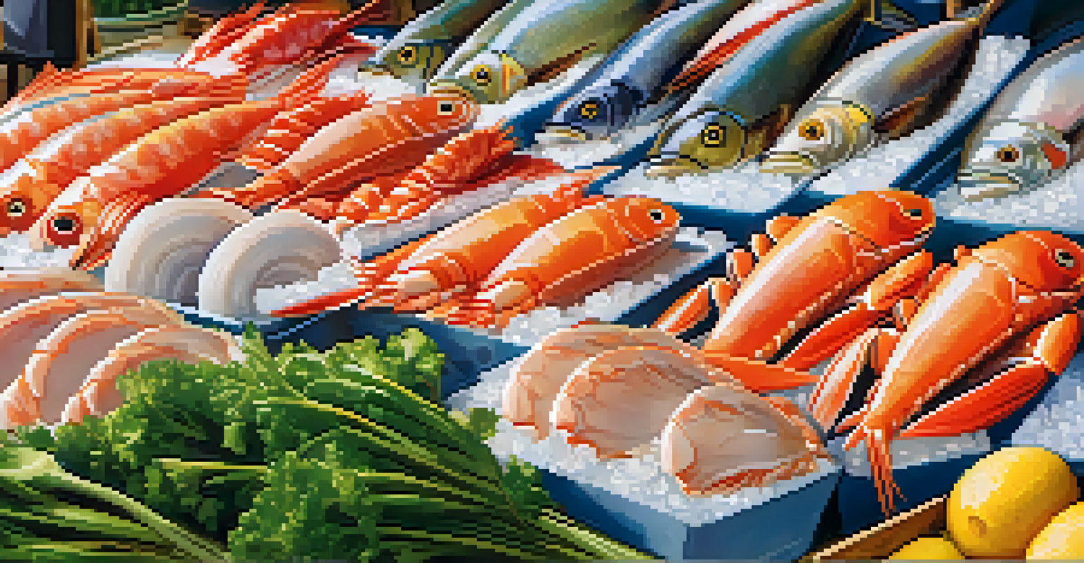 A local seafood market in Carlsbad showcasing fresh fish, shellfish, and vegetables, with vendors interacting with shoppers in a vibrant setting.