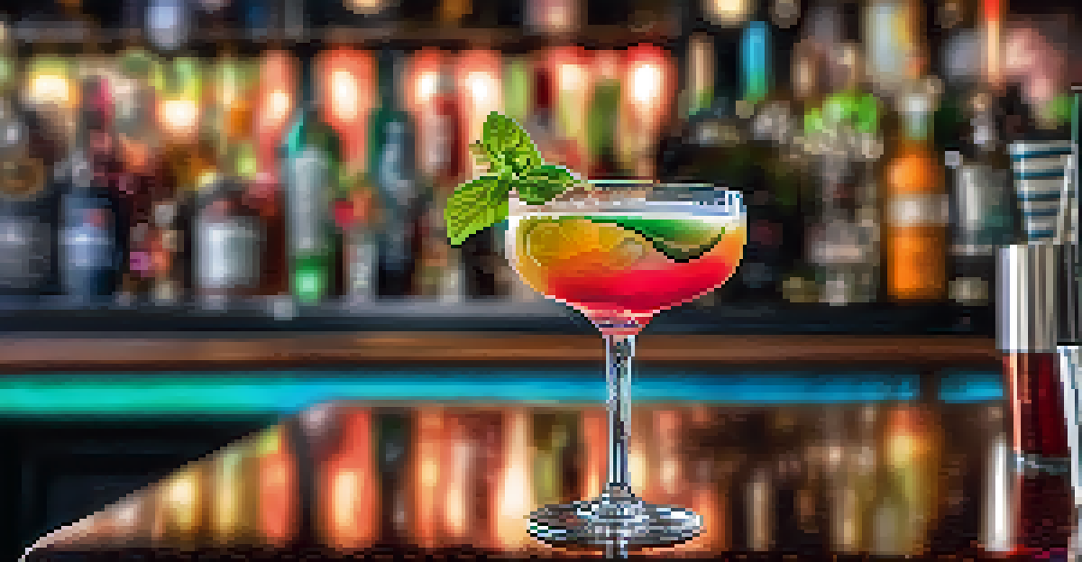 A close-up of a craft cocktail being poured, with colorful garnishes and a blurred bar scene in the background.