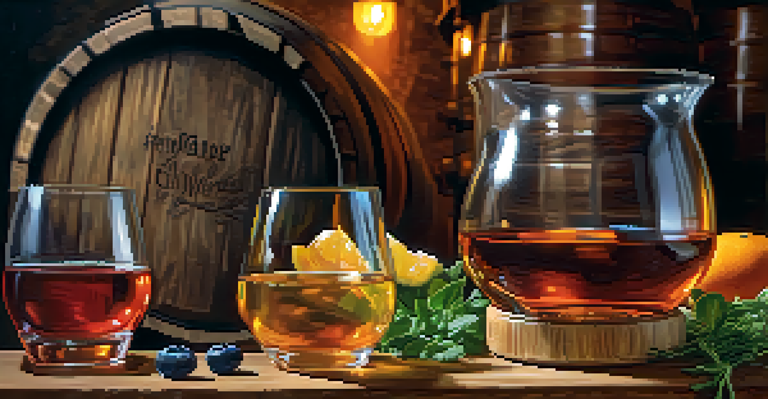 A close-up of a distiller pouring a colorful spirit into a glass, with wooden barrels and fresh herbs in the background, illuminated by warm lighting.