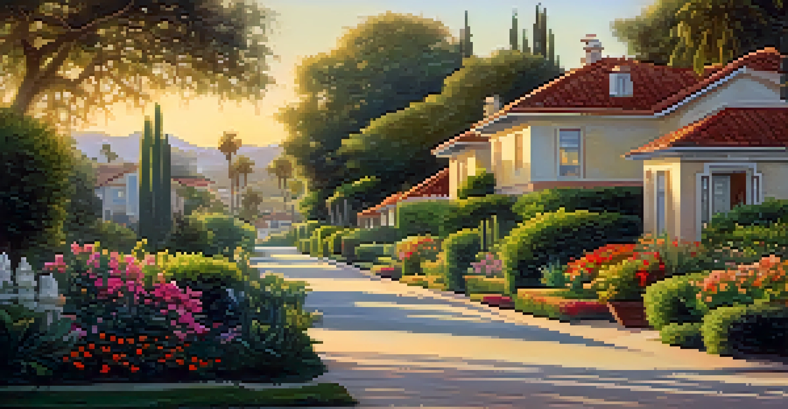 A biker leisurely riding along La Costa Avenue surrounded by gardens and homes at sunset.