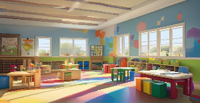 A bright and inviting daycare center filled with children engaging in learning activities, with colorful decorations and natural light.