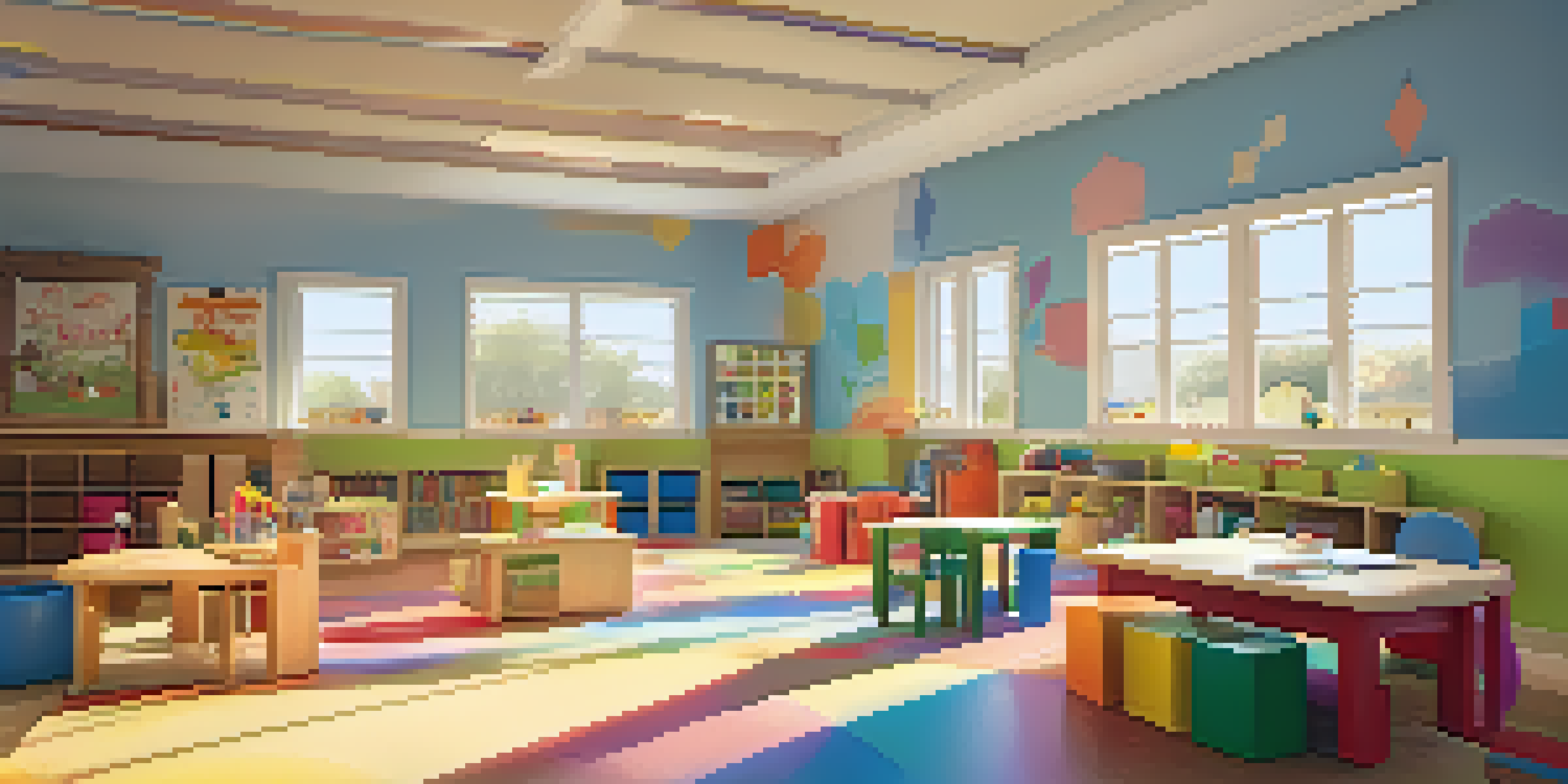 A bright and inviting daycare center filled with children engaging in learning activities, with colorful decorations and natural light.