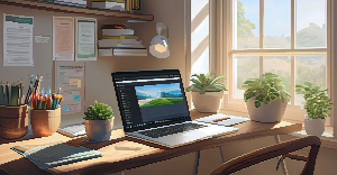 A cozy study area with a wooden desk, laptop, and bright sunlight streaming through the window, creating a warm atmosphere.