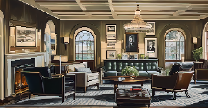 A cozy hotel lobby with vintage furniture and photographs, evoking a sense of history and warmth.