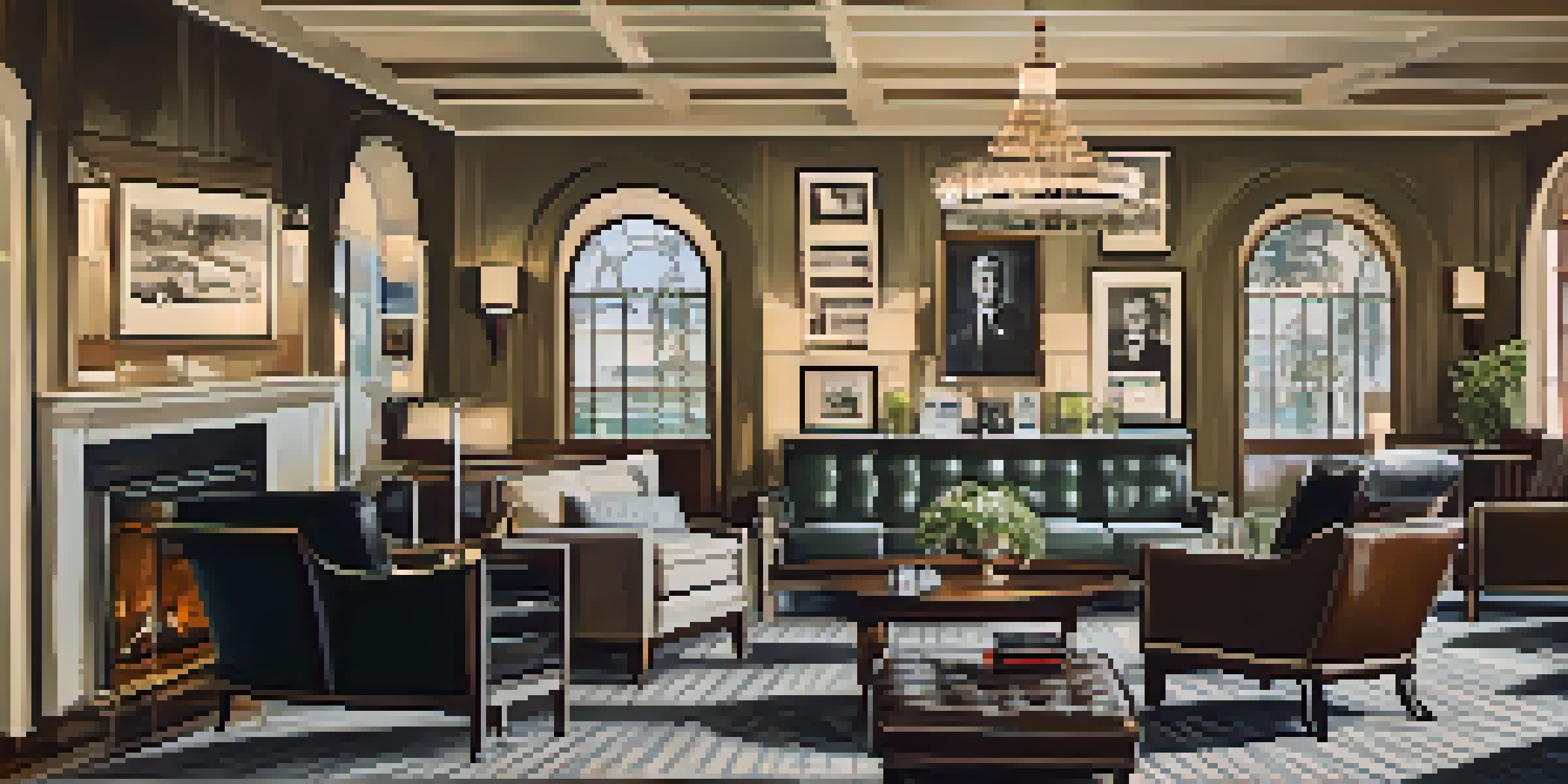 A cozy hotel lobby with vintage furniture and photographs, evoking a sense of history and warmth.