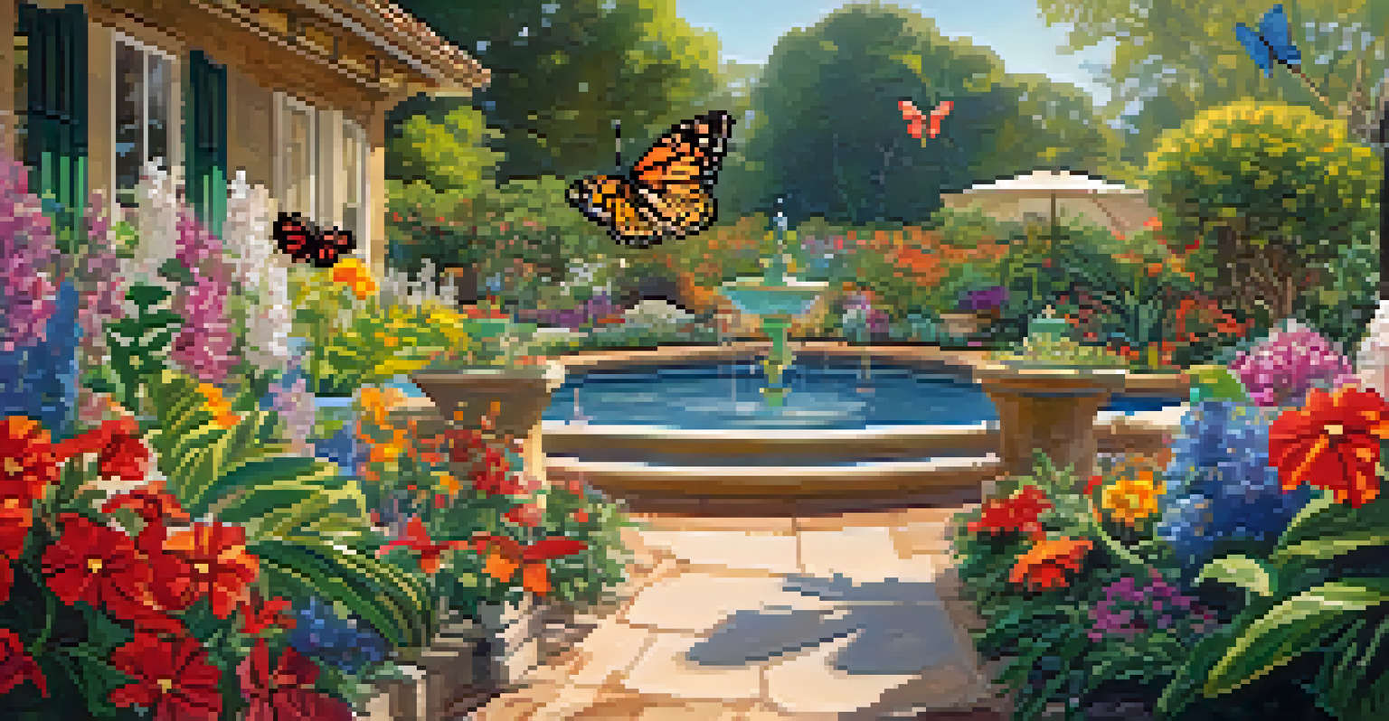A butterfly garden in Carlsbad with colorful butterflies among flowers and sculptures, illuminated by soft sunlight.
