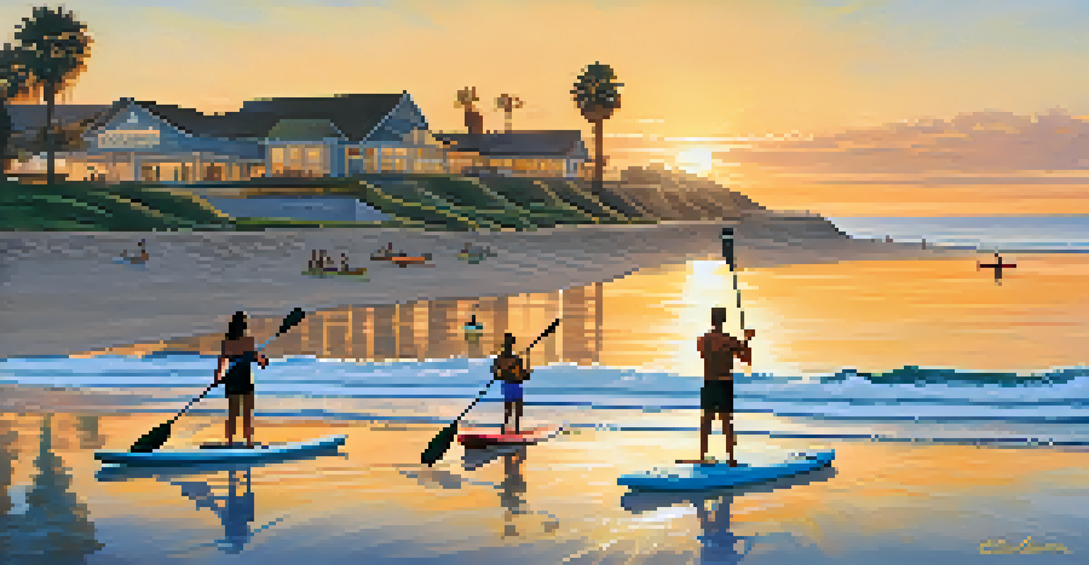 A serene view of a coastal aquafarm with people kayaking and paddleboarding on calm waters during sunset.