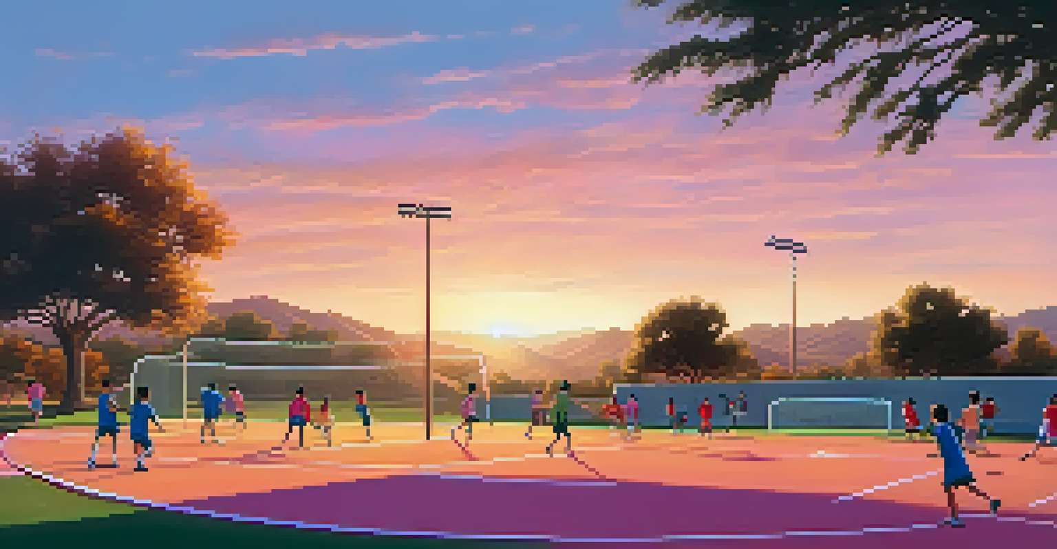 A picturesque sunset view of Calavera Hills Community Park with young athletes practicing soccer, their coach guiding them under a colorful sky.